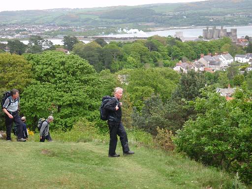 10_32-1.jpg - Starting the climb up Conwy Mountain, with Conwy Castle and a steam train in the background